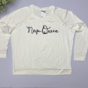 Nap Queen Beaded Sweatshirt M Cream Embroidered Lounge Top Long Sleeve Raglan